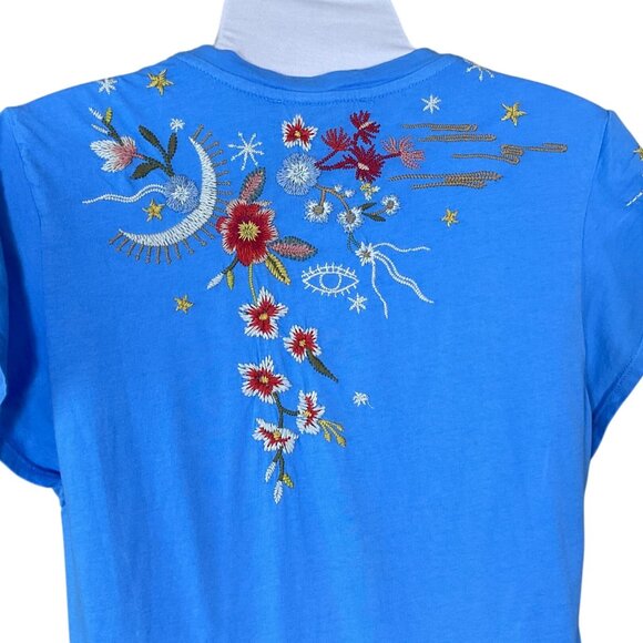 Johnny Was Lissa Bright Blue Flutter Sleeve Floral Embroidered Tee XXS NWT - Picture 6 of 10